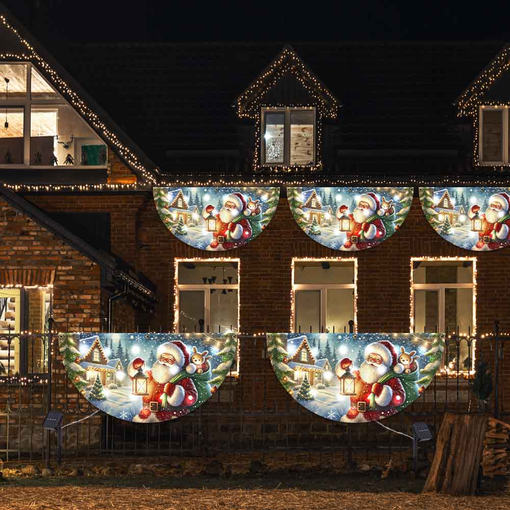Christmas Joyful Santa Claus Holding Glowing Lantern Winter Xmas Holiday Solar Led Fan Flag