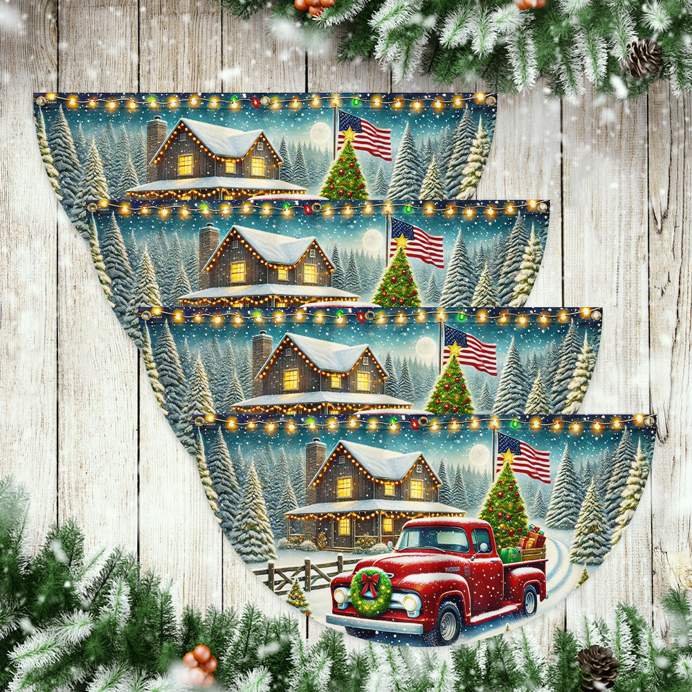 Red Pickup Truck Countryside Christmas Non-Pleated Fan Flag