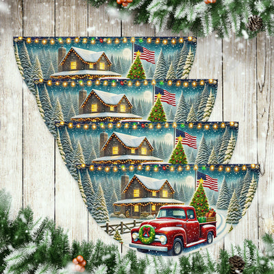 Red Pickup Truck Countryside Christmas Non-Pleated Fan Flag