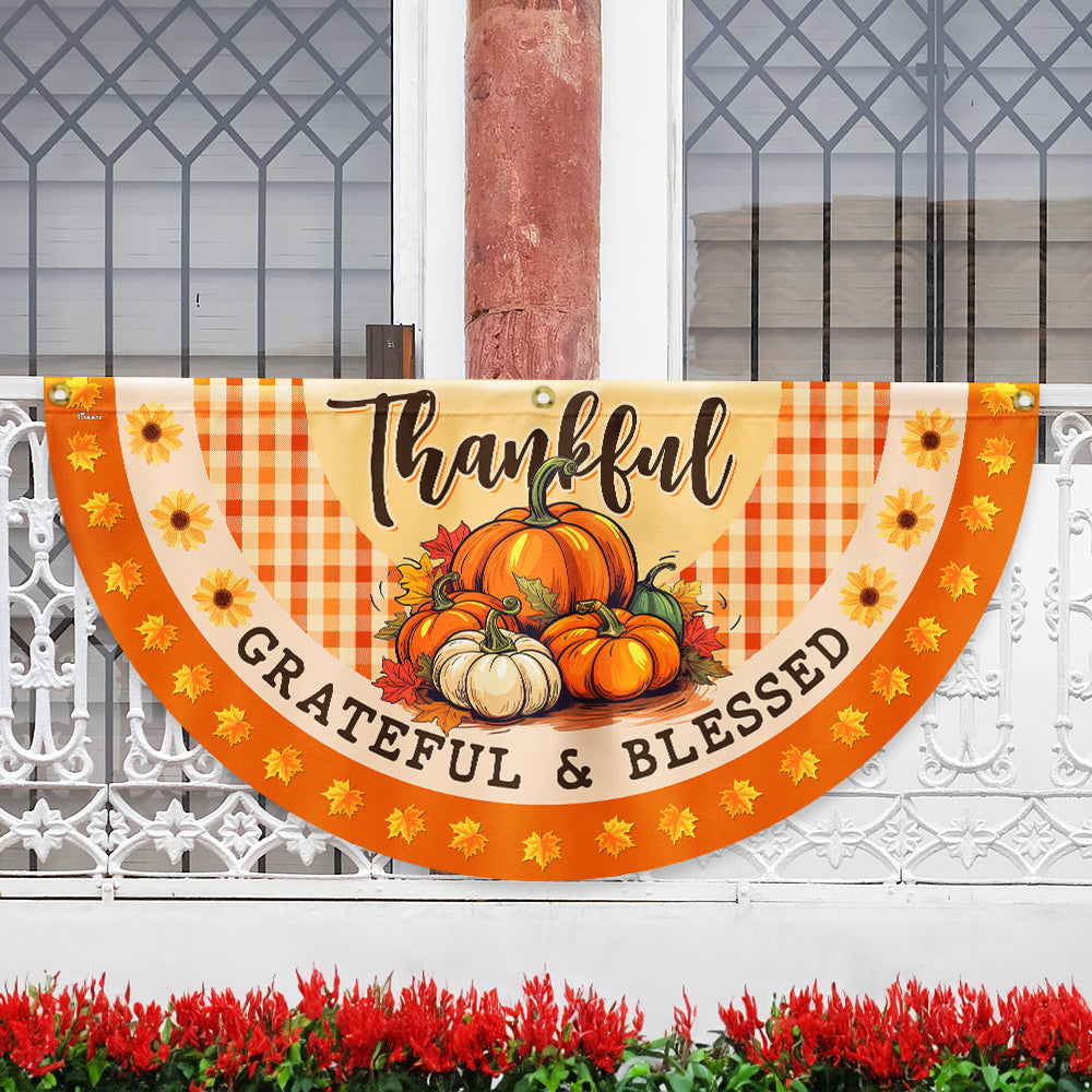 Fall Thanksgiving Pumpkins Harvest Thankful Grateful &amp; Blessed Non-Pleated Fan Flag