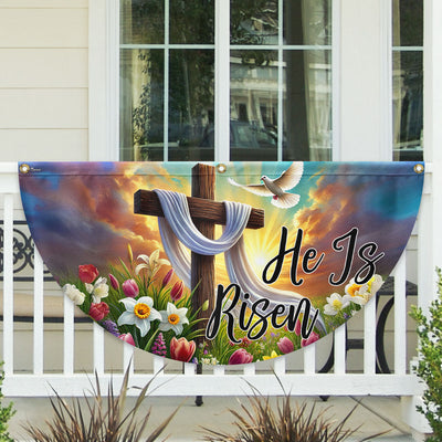 Christian Cross Easter Day He Is Risen Non-Pleated Fan Flag