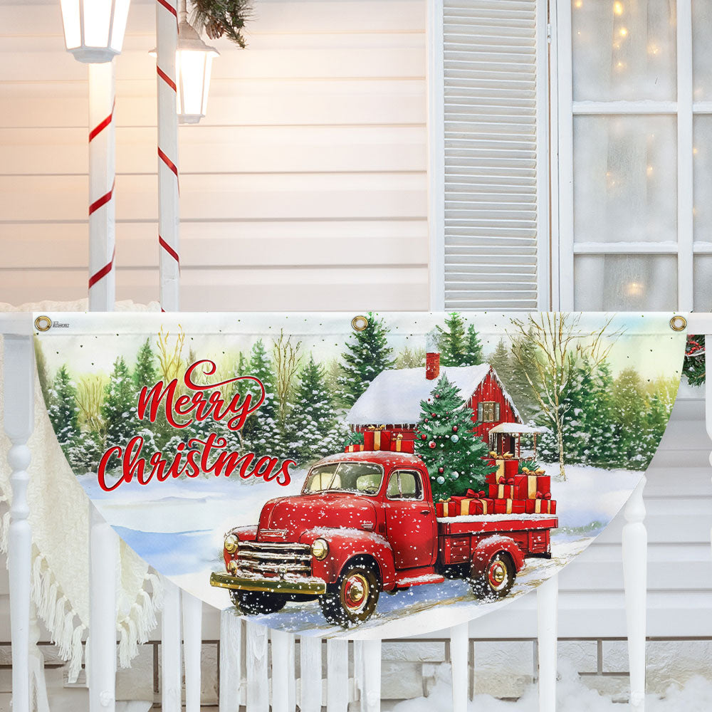 Red Pickup Truck Merry Christmas Non-Pleated Fan Flag