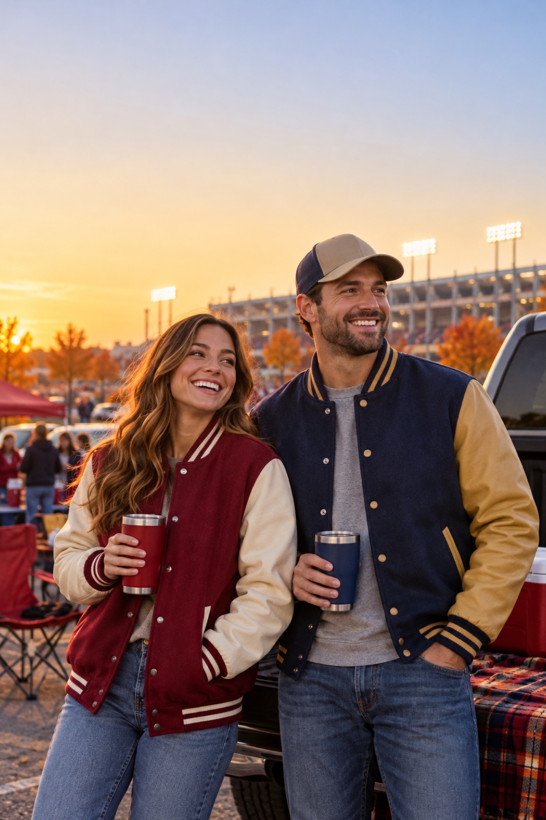 Friends tailgating in team bomber and letterman jackets